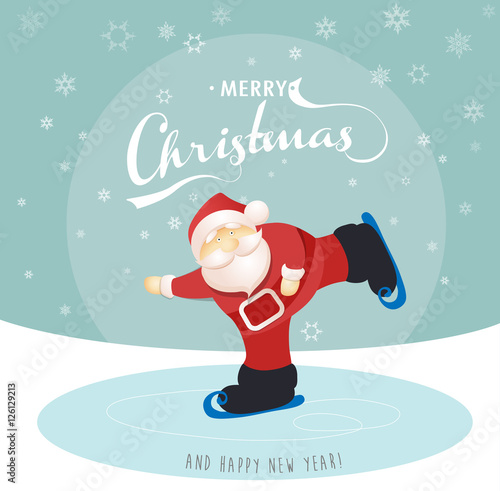 Merry Christmas and Happy New Year greeting card with ice skatin