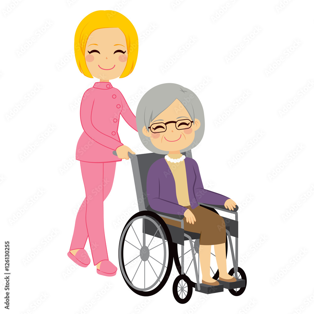 Senior patient woman in wheelchair with beautiful young nurse Senior patient woman in wheelchair with beautiful young nurse