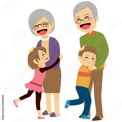 Cute happy little grandchildren hugging their grandparents