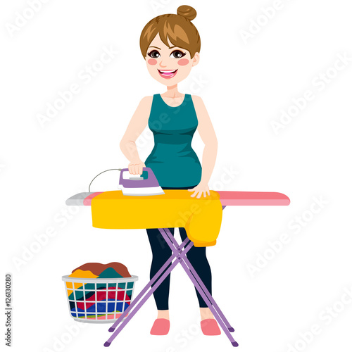 Full body illustration of young beautiful woman ironing yellow shirt on iron board