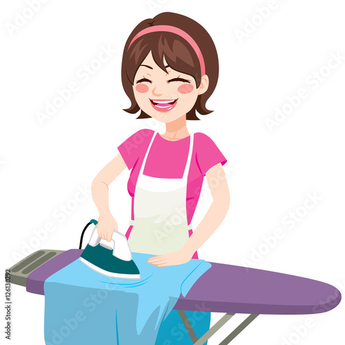 Young beautiful happy woman smiling ironing clothes in house