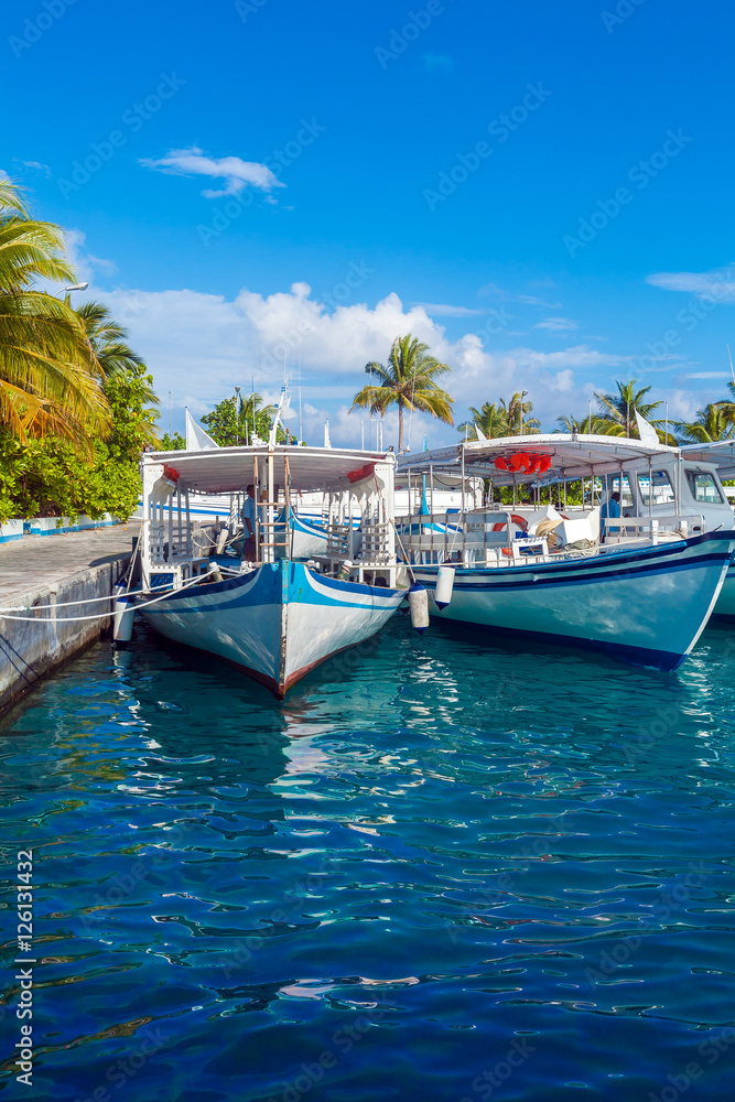 Parking traditional Dhoni boats, Maldives