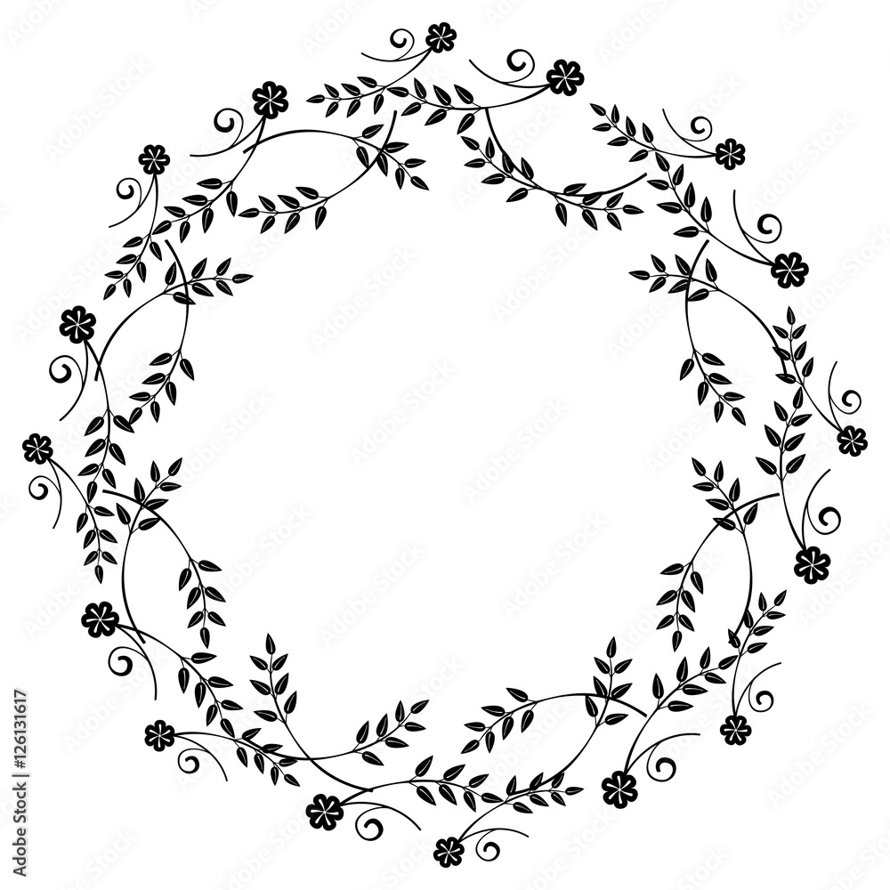 Black and white round frame with floral silhouettes. Black and white round frame with floral silhouettes.