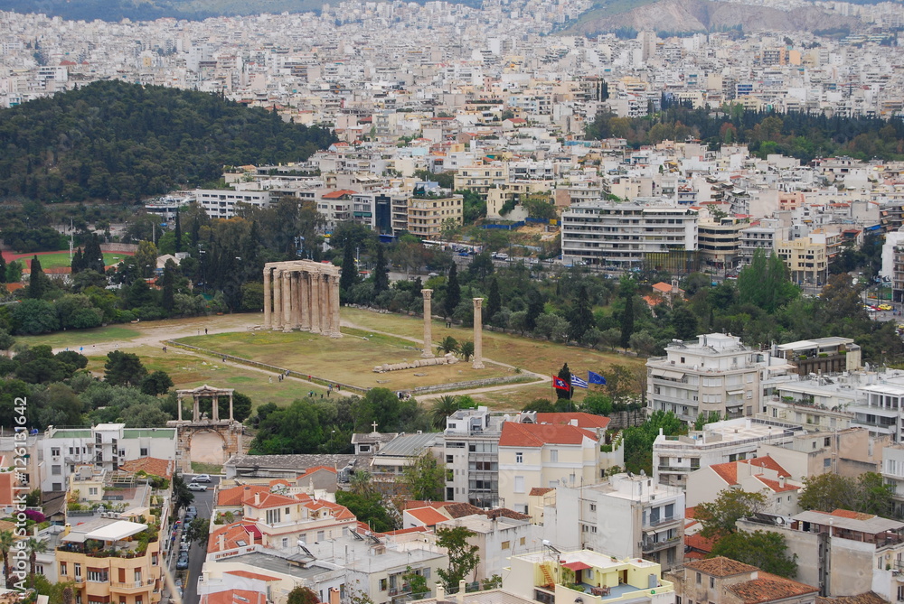 Athens, Greece: panoramic view of ruins in the middle of the city