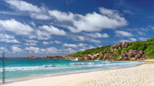 Fototapeta Naklejka Na Ścianę i Meble -  Grand Anse beach on La Digue island in Seychelles. Fashion travel and tropical beach concept.