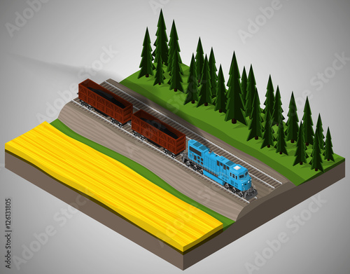 Vector isometric illustration of an element of railroad tracks with train consisting of locomotive and rail car for transportation of bulk cargoes. Rail transportation.