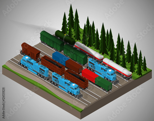 Vector isometric illustration of a railway junction. Railway trains consist of locomotives, platforms for transportation of containers, covered wagons, cisterns, and rail cars for bulk cargoes.