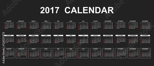 Simple calendar 2017 in line style. Flat vector illustration on black background. 