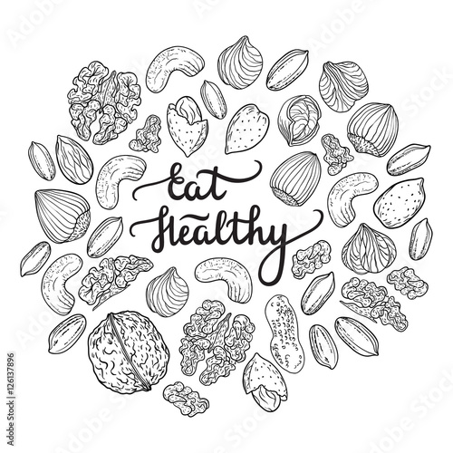 Illustration of nuts mix and lettering Eat Healthy