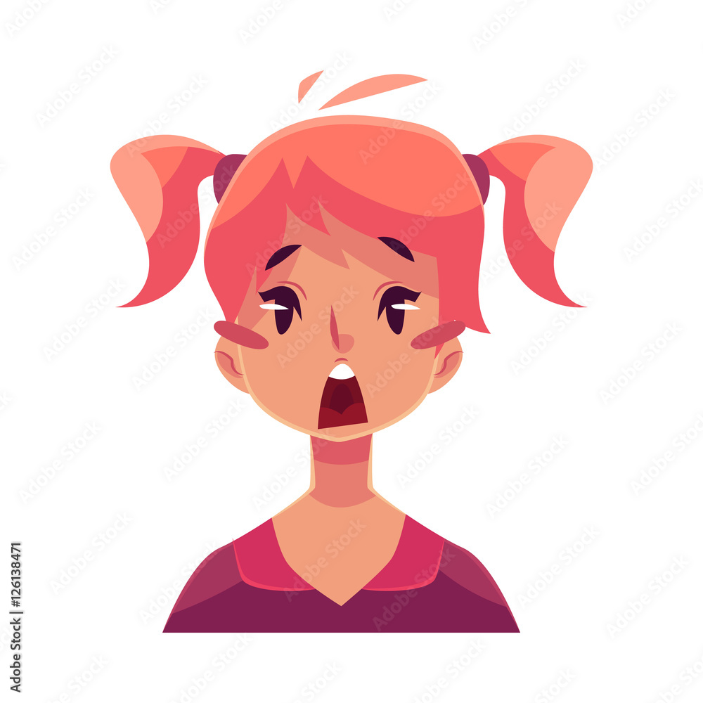 Teen girl face, surprised facial expression, cartoon vector illustrations  isolated on white background. Red-haired girl emoji surprised, shocked,  amazed, astonished. Surprised face expression Stock Vector | Adobe Stock