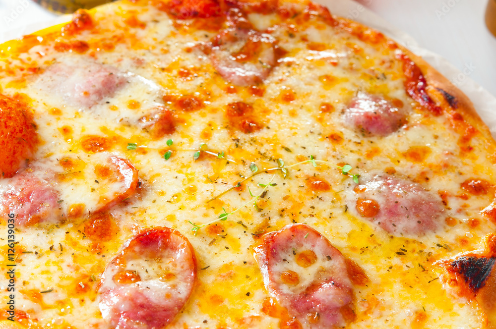 Delicious cheese pizza with salami close-up