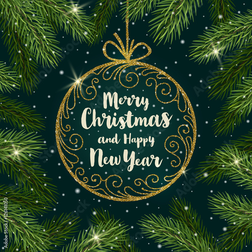 Christmas vector illustration - Glitter gold ornate bauble with brush calligraphy Christmas greeting.