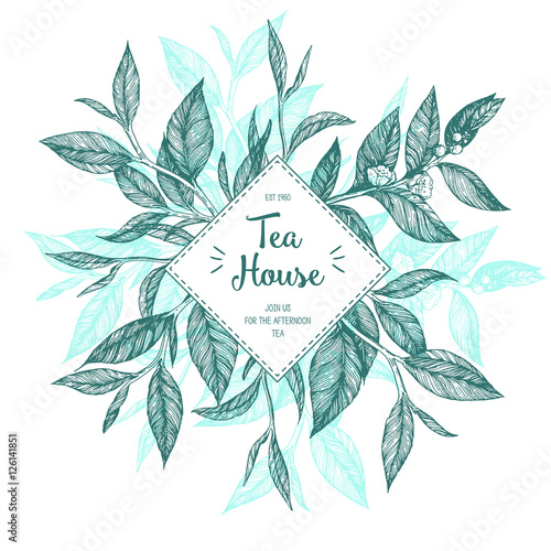 Concept tea vector illustration. Tea leaves frame illustration. Menu label with tea leaves. Linear graphic.