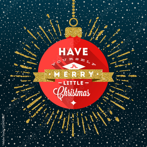 Red bauble with Christmas greeting and glitter gold sunburst. Vector illustration.