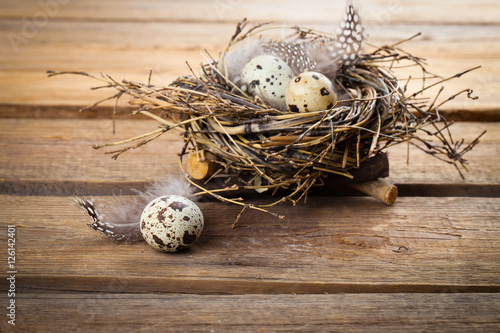 Nest with quail eggs on wooden background