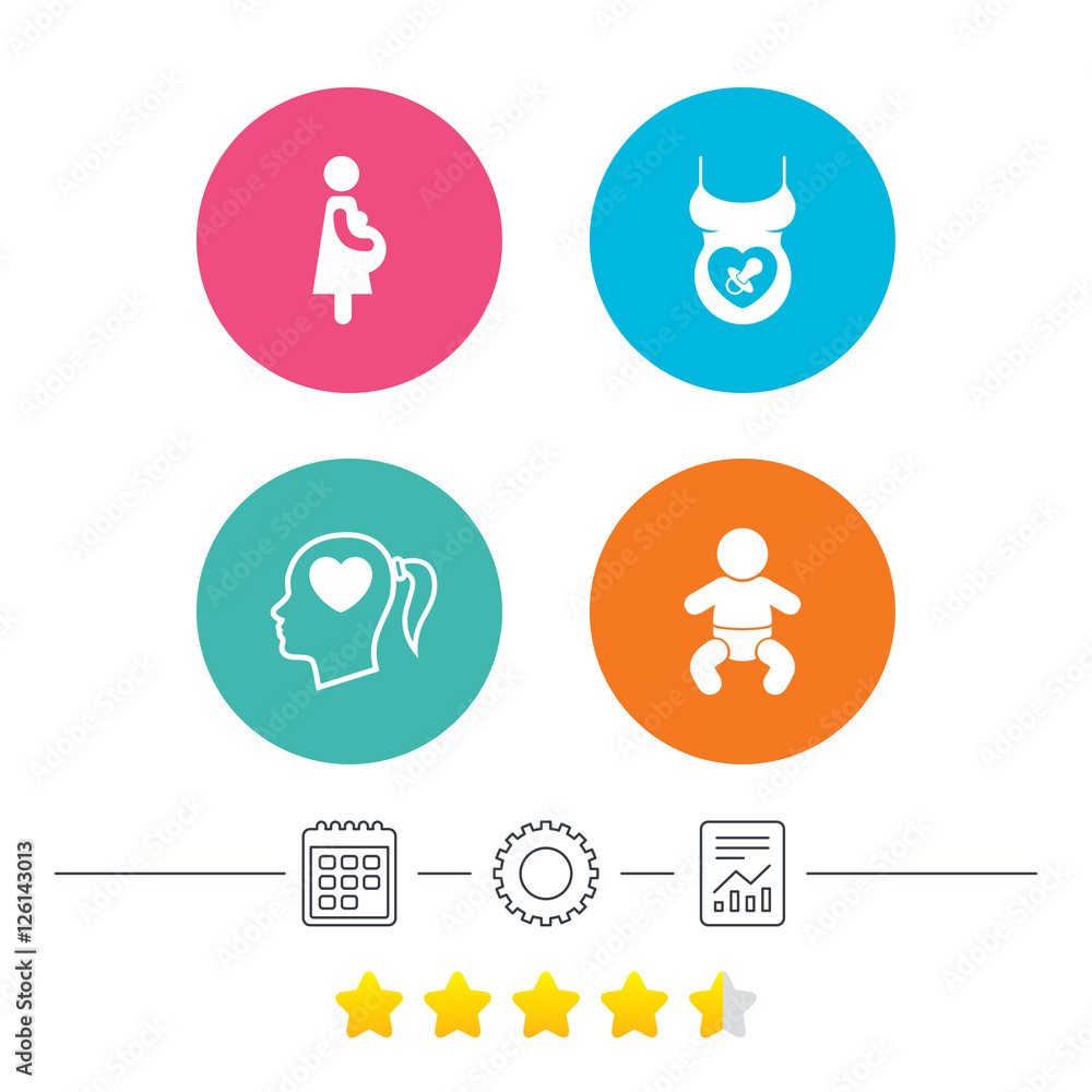 Maternity icons. Baby infant, pregnancy and dummy signs. Child pacifier symbols. Head with heart. Calendar, cogwheel and report linear icons. Star vote ranking. Vector