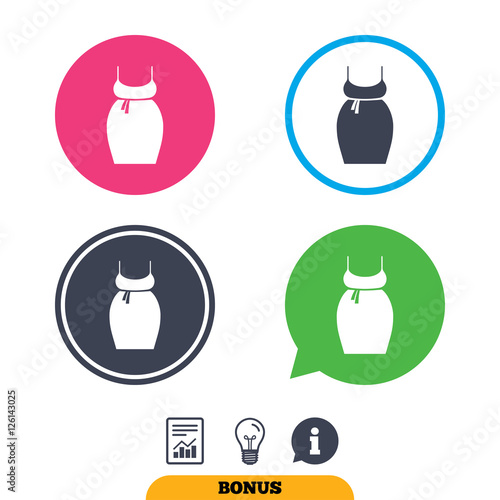 Pregnant woman dress sign icon. Maternity clothing symbol Report document, information sign and light bulb icons. Vector