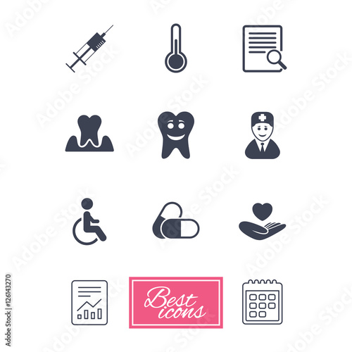 Medicine, medical health and diagnosis icons. Capsules, syringe and doctor signs. Tooth parodontosis, disabled person symbols. Report document, calendar icons. Vector