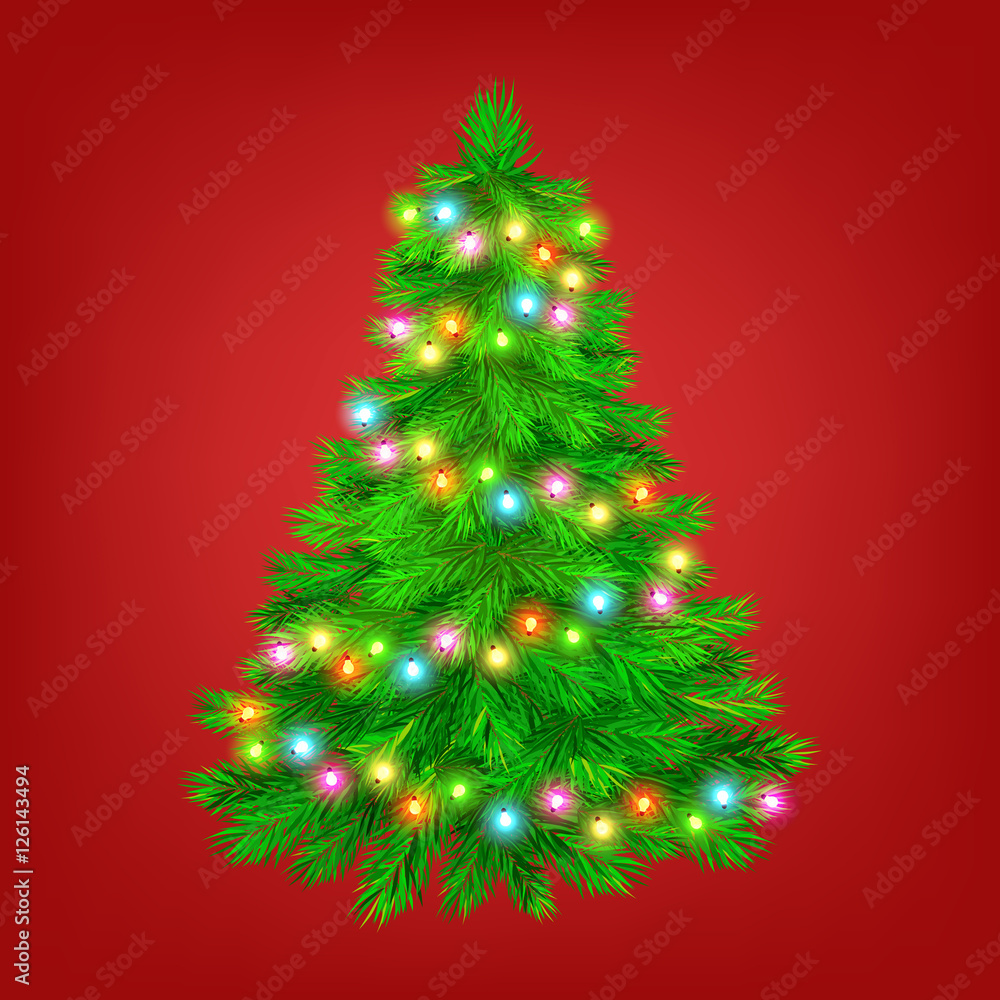 beautiful decorated Christmas tree . New Years abstract background with glowing lights   with Copy Space