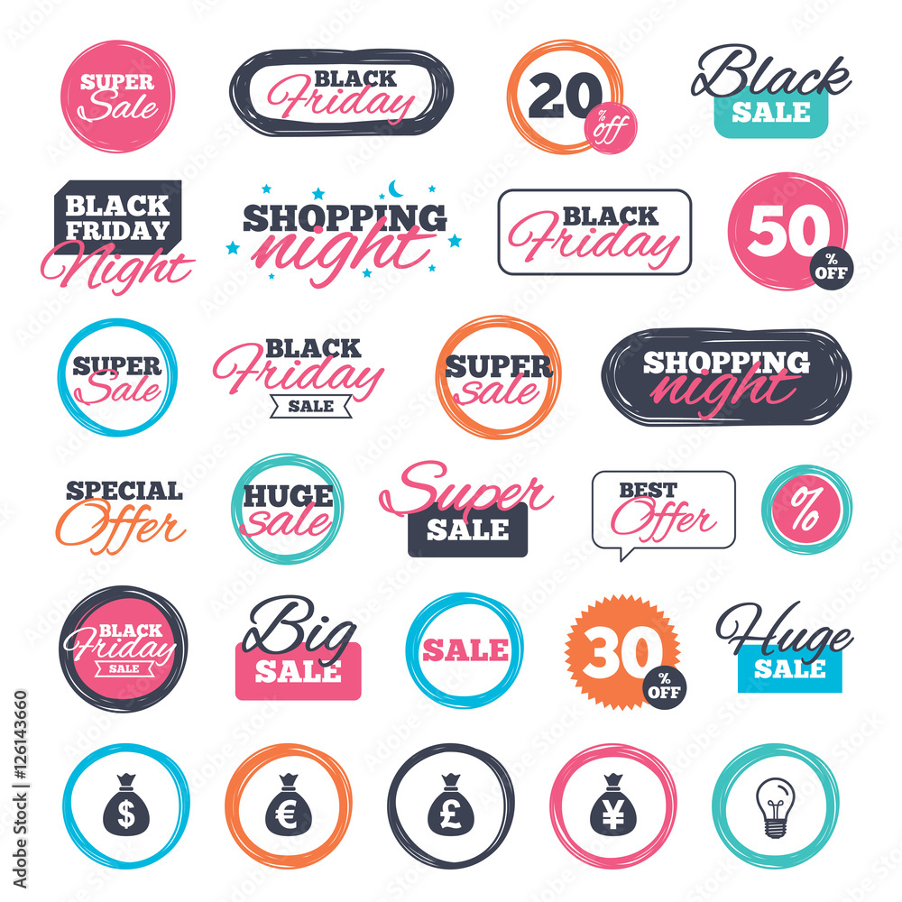 Sale shopping stickers and banners. Money bag icons. Dollar, Euro, Pound and Yen symbols. USD, EUR, GBP and JPY currency signs. Website badges. Black friday. Vector