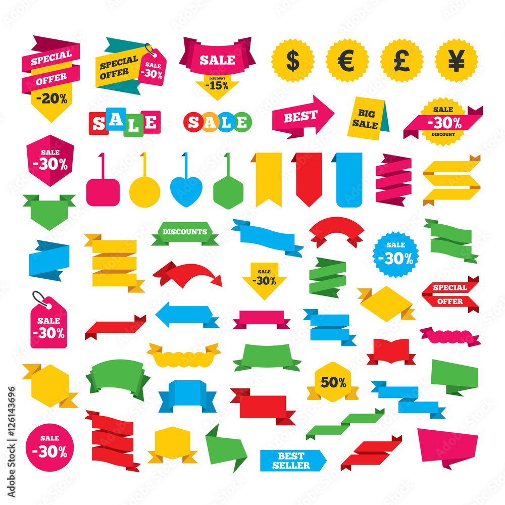 Web stickers, banners and labels. Dollar, Euro, Pound and Yen currency icons. USD, EUR, GBP and JPY money sign symbols. Special offer tags. Vector