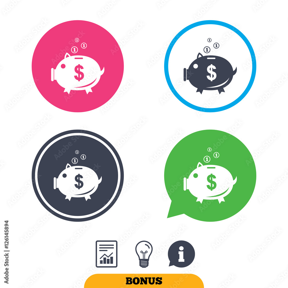 Piggy bank sign icon. Moneybox dollar symbol. Report document, information sign and light bulb icons. Vector