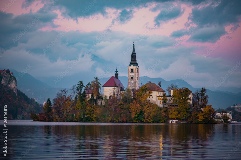 Amazing View on St.Marys Catholic Church on Bled Lake on Sunset, Slovenia.