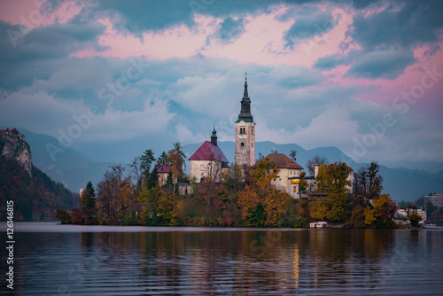 Amazing View on St.Marys Catholic Church on Bled Lake on Sunset, Slovenia.
