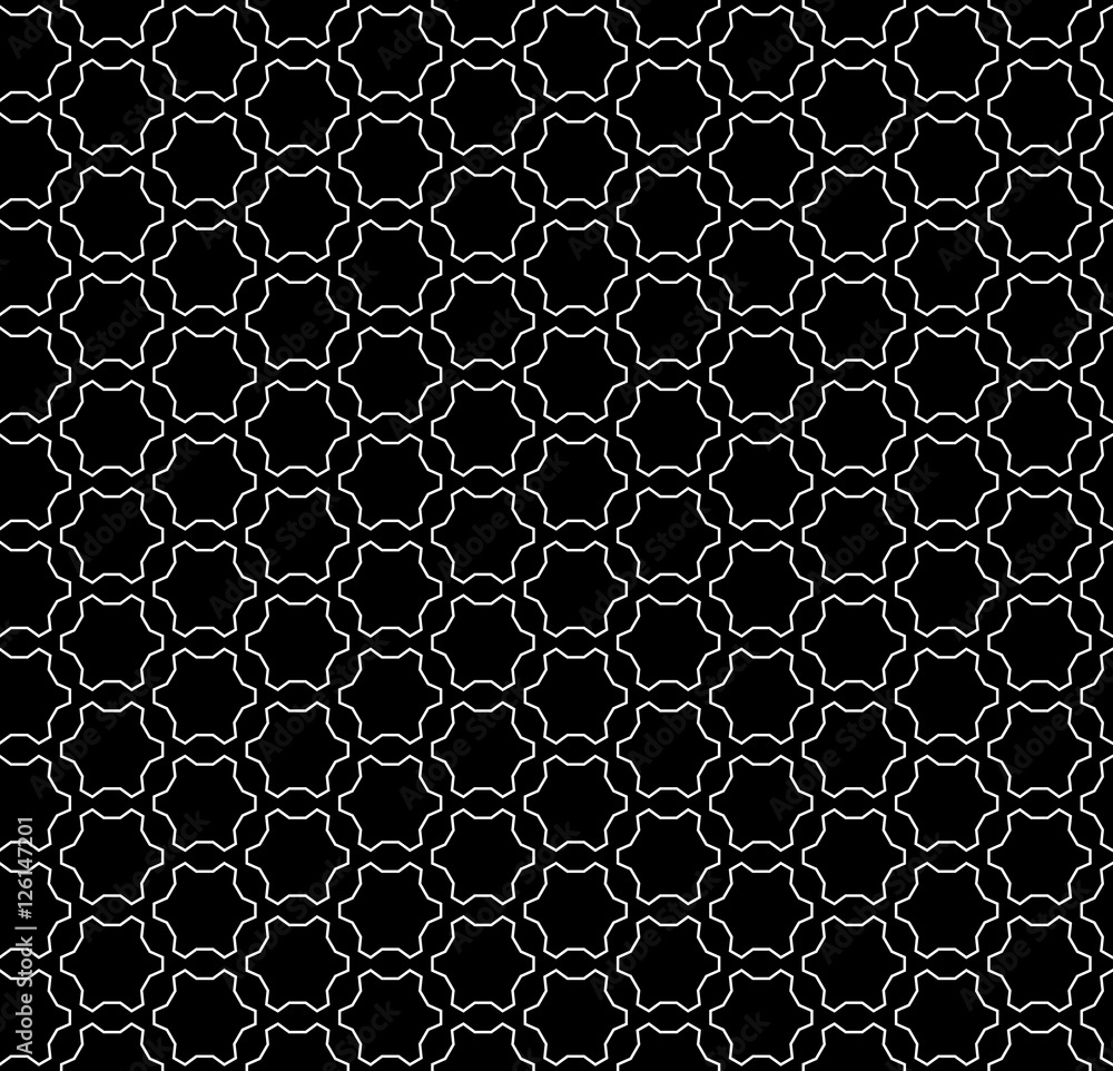 Fototapeta premium Vector monochrome seamless pattern, black & white ornamental background. Simple linear figures, lattice. Dark abstract geometric texture. Design element for prints, decoration, digital, textile, web