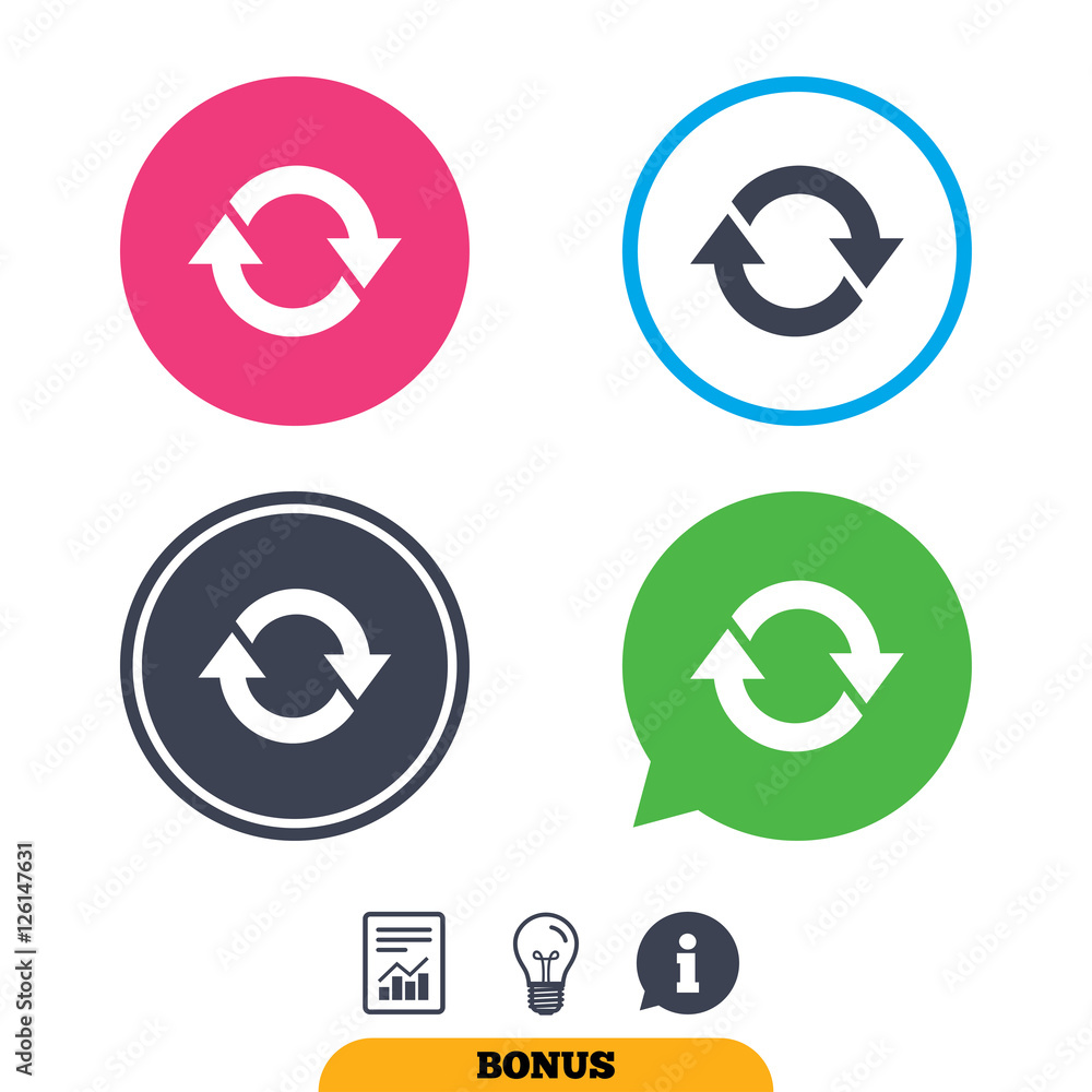 Rotation icon. Repeat symbol. Refresh sign. Report document, information sign and light bulb icons. Vector Rotation icon. Repeat symbol. Refresh sign. Report document, information sign and light bulb icons. Vector