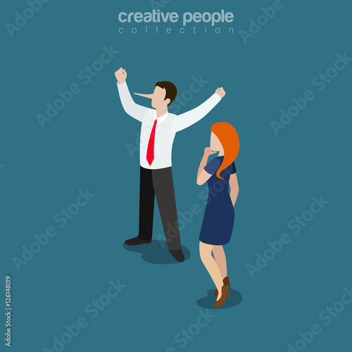 Flat isometric business woman liar man Pinocchio nose vector 3d