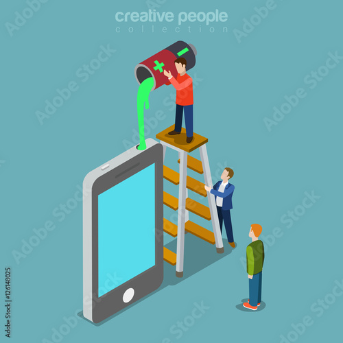Flat isometric people standing liquid battery smartphone vector