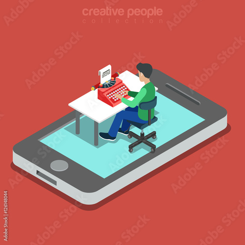 Flat isometric man sit phone screen typewriter vector. 3d Mobile