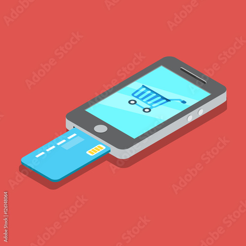 Flat isometric Smartphone credit card vector 3d Mobile banking