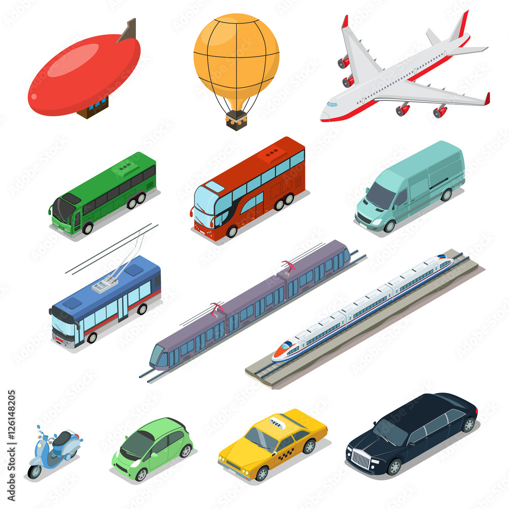 Obraz premium Isometric flat International auto air railway transport vector