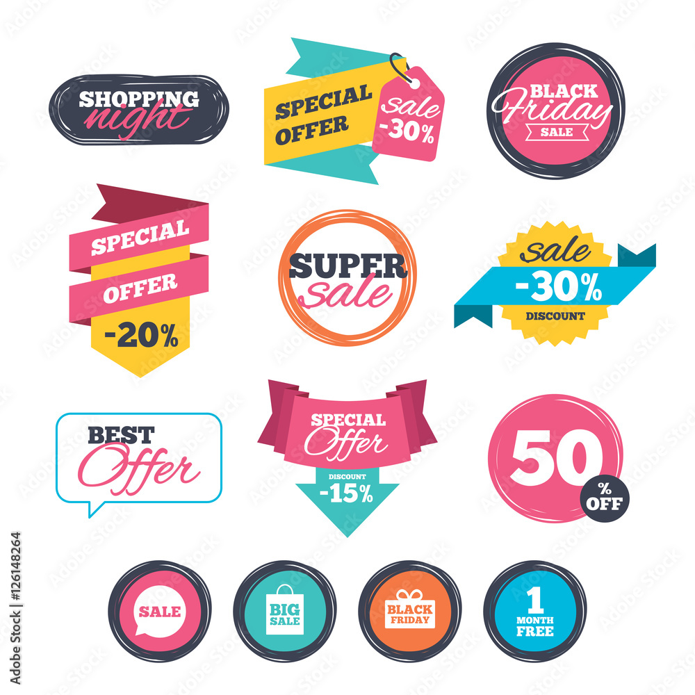 Sale stickers, online shopping. Sale speech bubble icon. Black friday gift box symbol. Big sale shopping bag. First month free sign. Website badges. Black friday. Vector