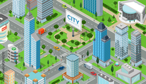 Flat isometric city road model vector. 3d buildings architecture