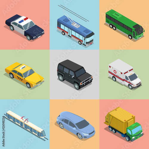 Isometric flat City vehicle railway flying transport vector set