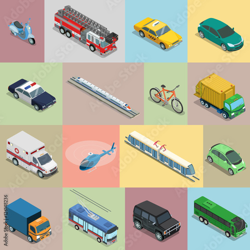 Isometric flat City vehicle railway flying transport vector set