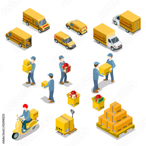 Flat 3d moving delivery isometric man scooter car vector set