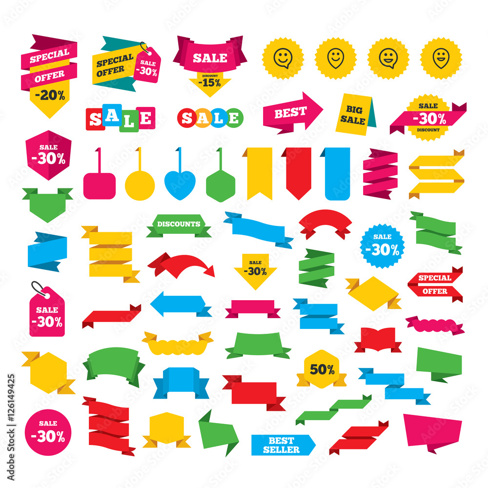 Fototapeta premium Web stickers, banners and labels. Happy face speech bubble icons. Smile sign. Map pointer symbols. Special offer tags. Vector