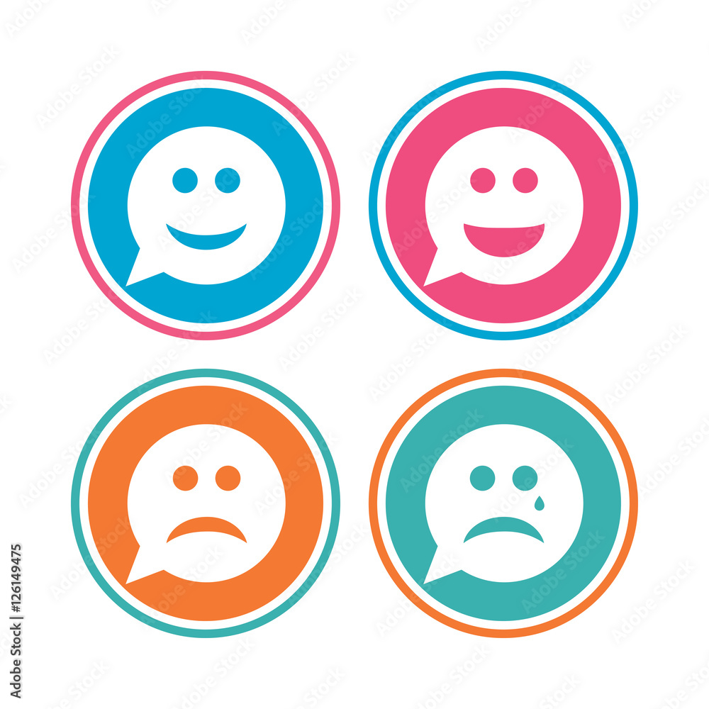 Speech bubble smile face icons. Happy, sad, cry signs. Happy smiley chat symbol. Sadness depression and crying signs. Colored circle buttons. Vector Speech bubble smile face icons. Happy, sad, cry signs. Happy smiley chat symbol. Sadness depression and crying signs. Colored circle buttons. Vector