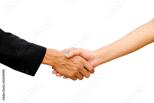 Shaking hands of business men and business women in the agreement. isolated on white background