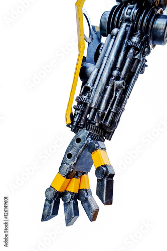 Foto Right arm of a robot made from car parts and spares