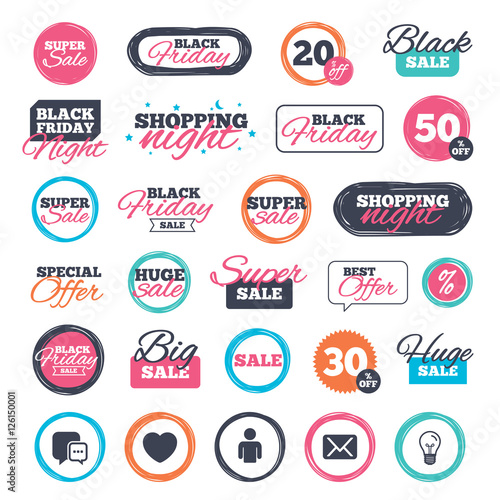 Sale shopping stickers and banners. Social media icons. Chat speech bubble and Mail messages symbols. Love heart sign. Human person profile. Website badges. Black friday. Vector