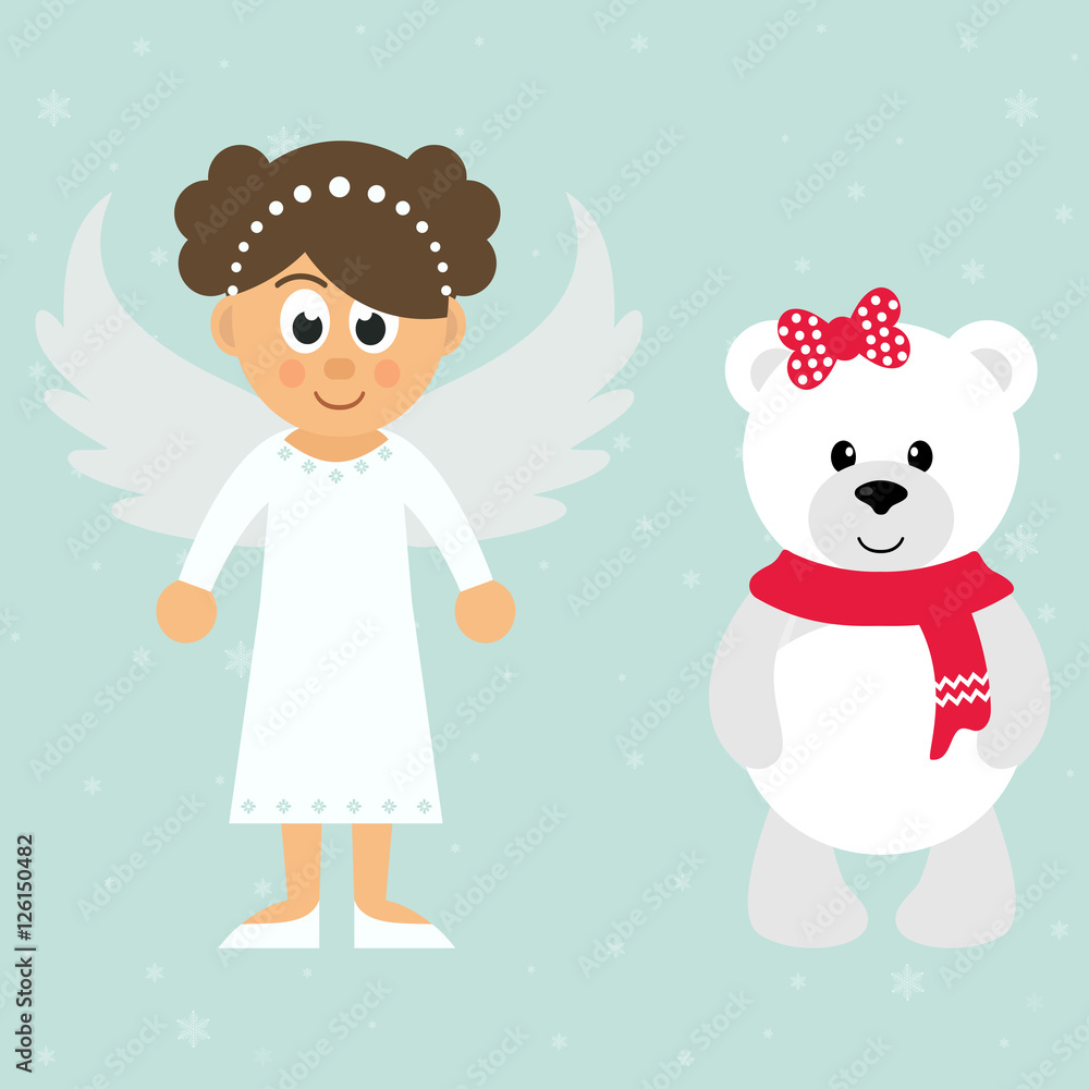 cartoon christmas angel and winter bear cartoon christmas angel and winter bear