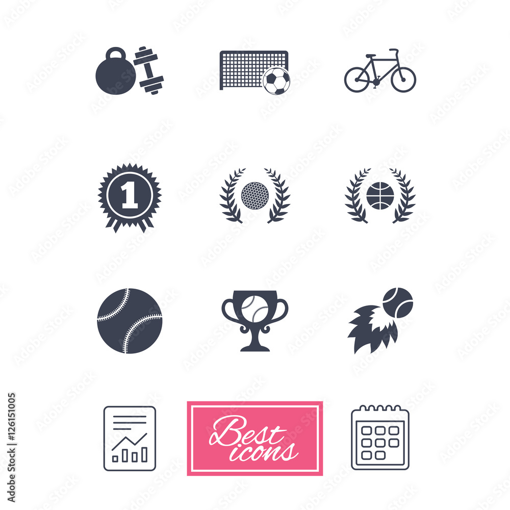 Sport games, fitness icons. Football, basketball and tennis signs. Golf ...