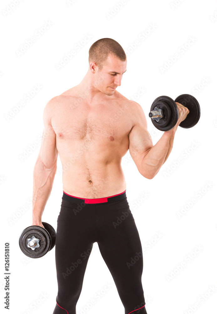Muscular guy doing exercises with dumbbells over white background