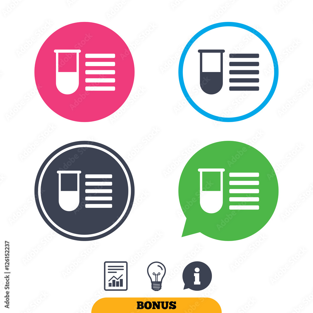 Medical test tube sign icon. Test list. Laboratory equipment symbol. Report document, information sign and light bulb icons. Vector Medical test tube sign icon. Test list. Laboratory equipment symbol. Report document, information sign and light bulb icons. Vector