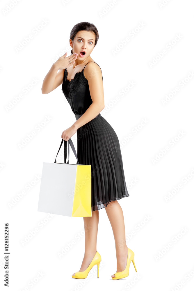 sexy woman in black dress with shopping bags sexy woman in black dress with shopping bags